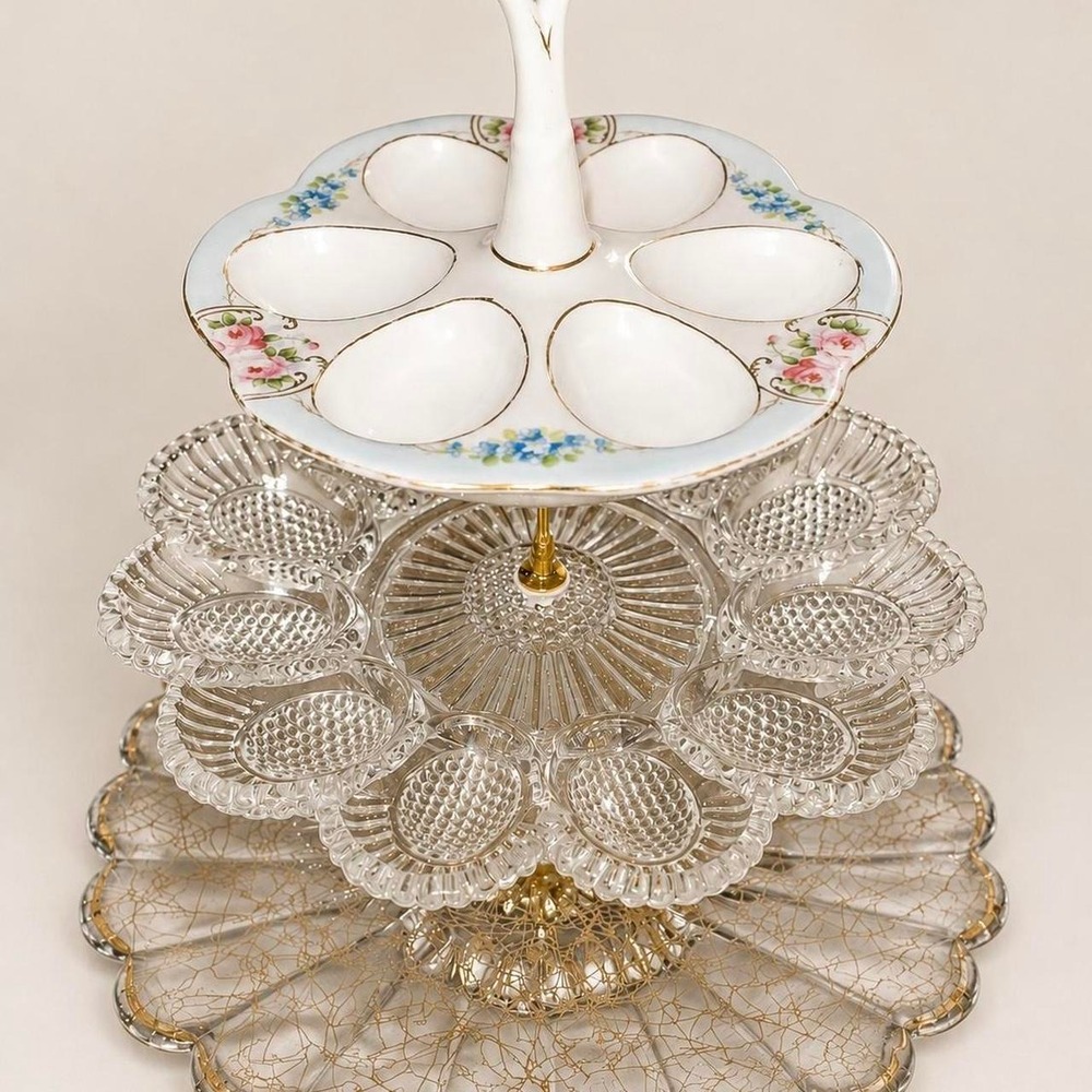 Teared egg plates and a serving platter